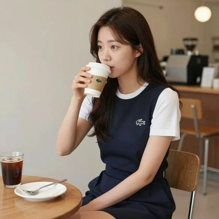 여름 라코스테 원피스를 입고 카페에서 커피를 마시는 여성의 모습으로 데일리 룩을 연출한 사진