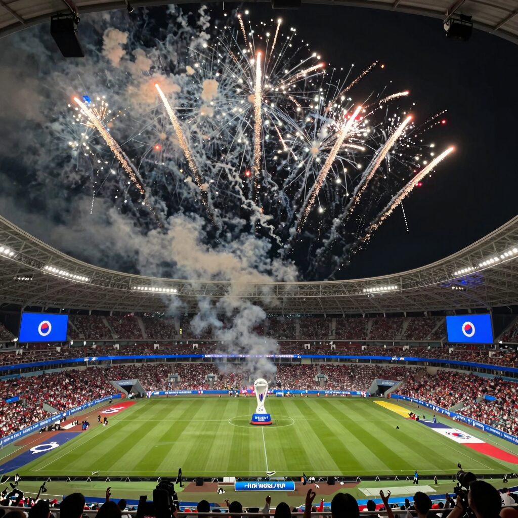 2026 FIFA World Cup opening ceremony with fireworks and stadium
