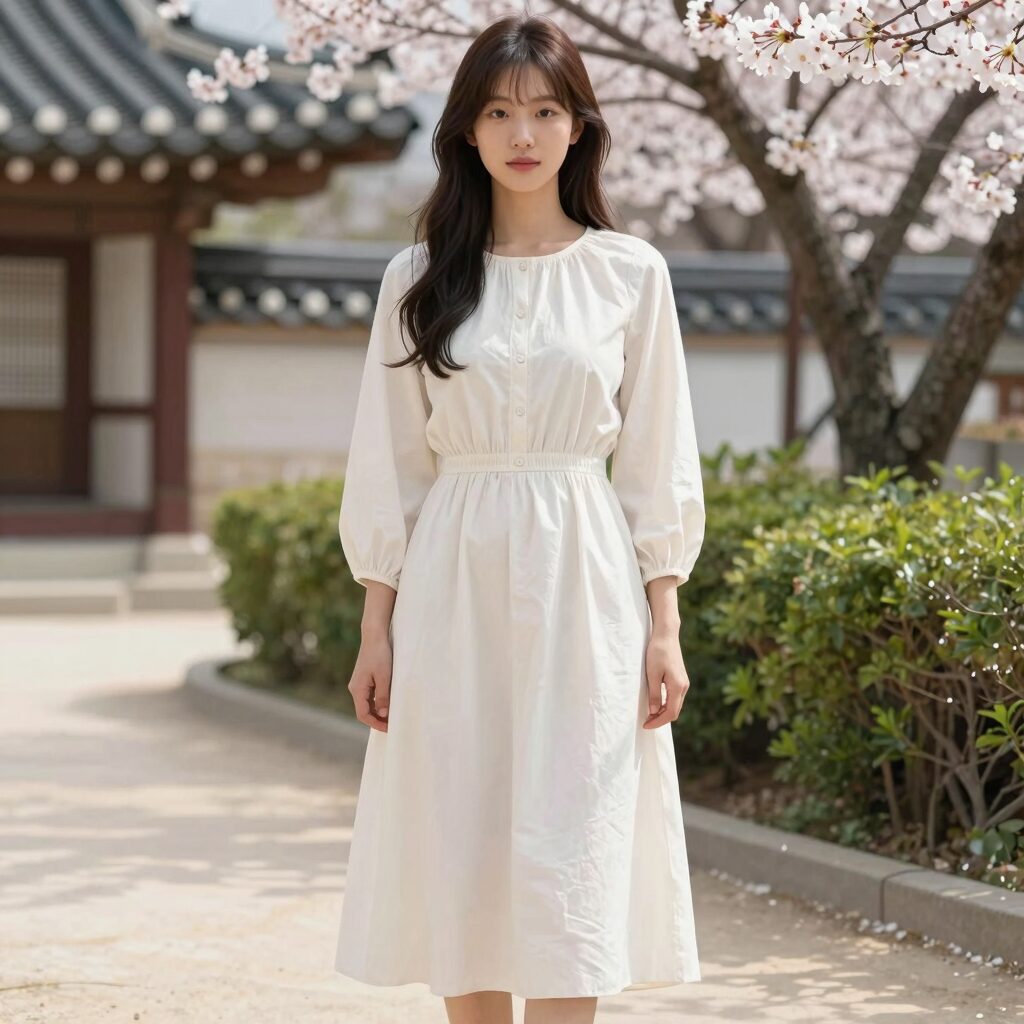 에잇세컨즈 봄신상 브이넥 롱 원피스 실물 착용 사진