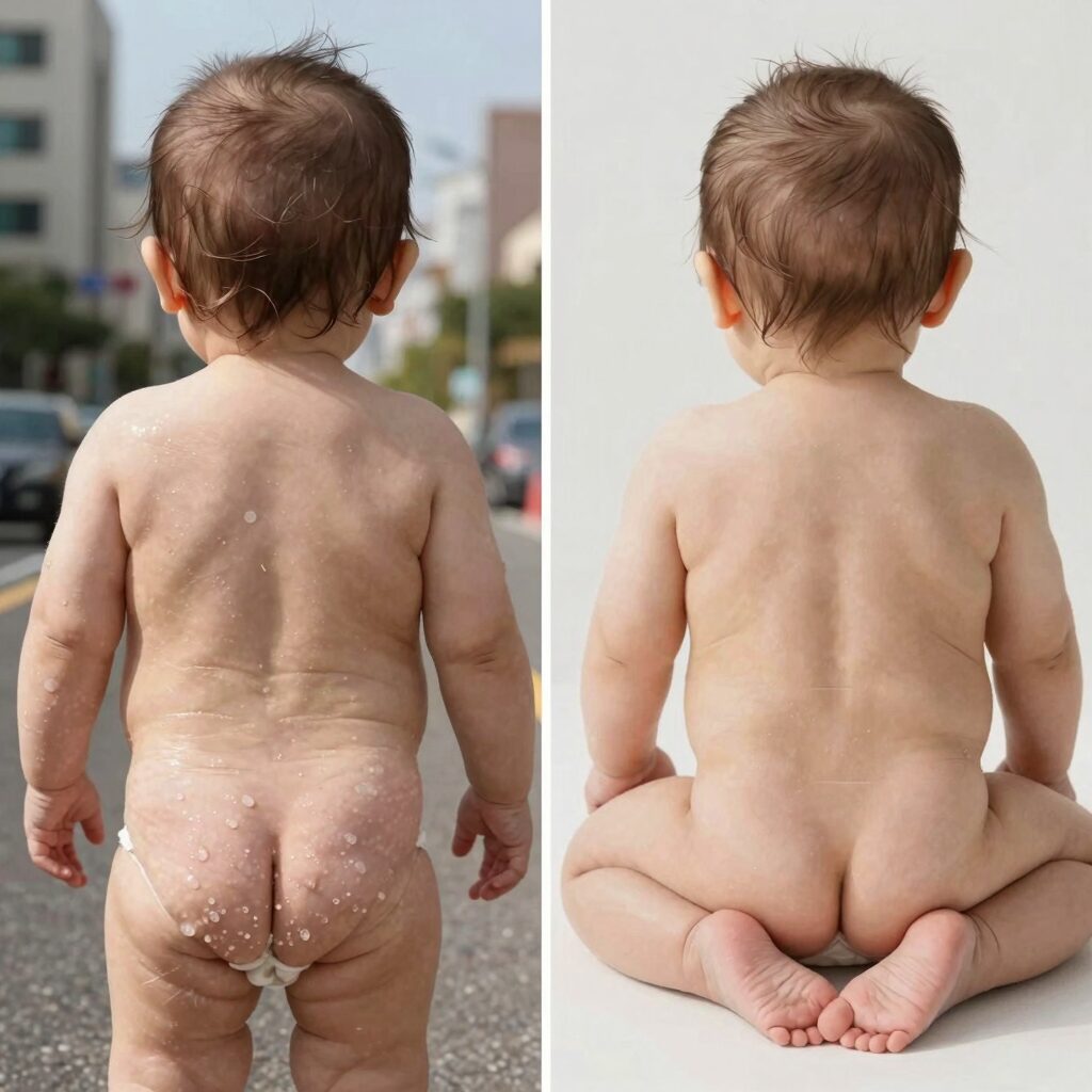 아기 땀띠 관리 전후 사진으로 세정과 보습 루틴의 효과를 보여주는 이미지