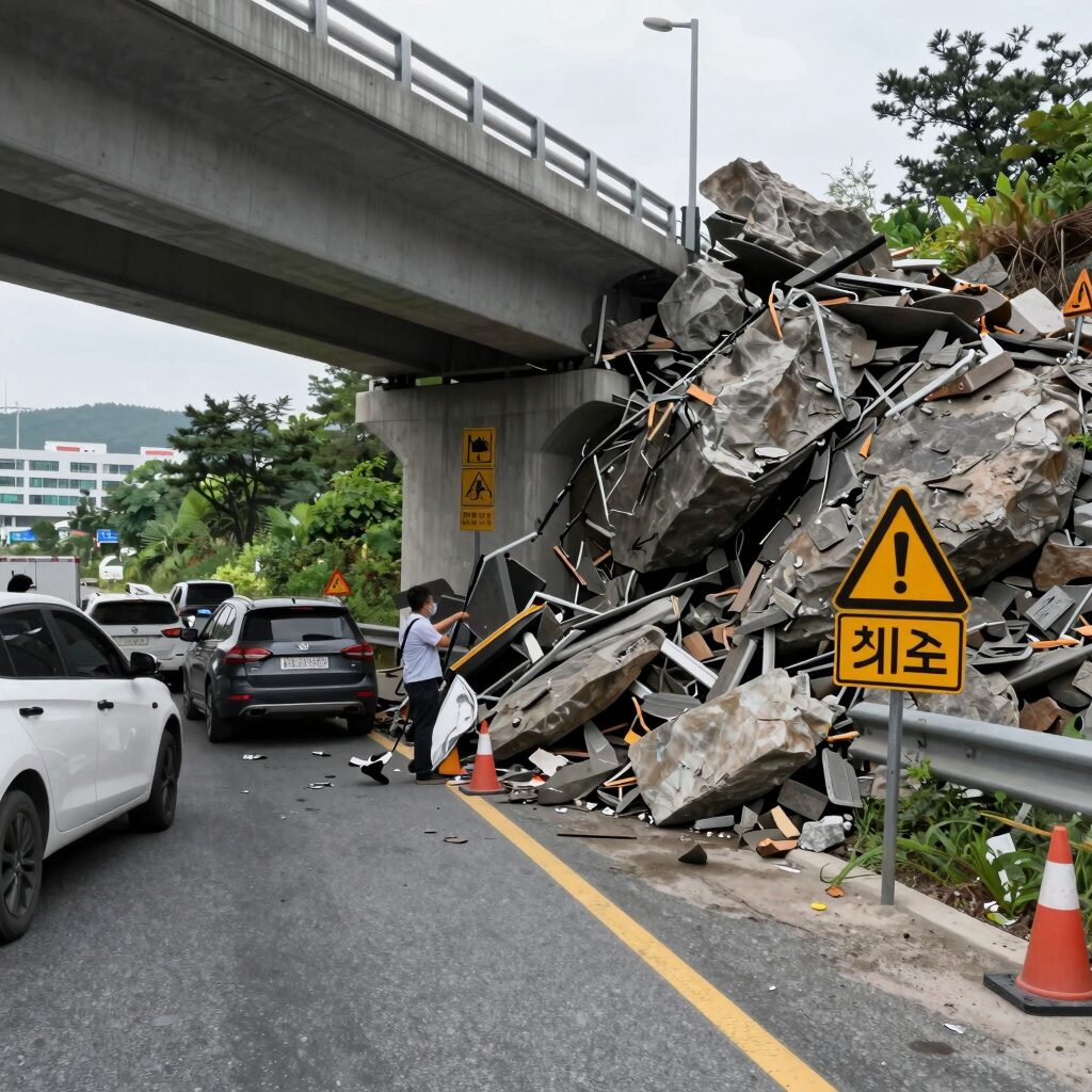 Geumjeong overpass rockfall accident scene showing road blocked with warning signs