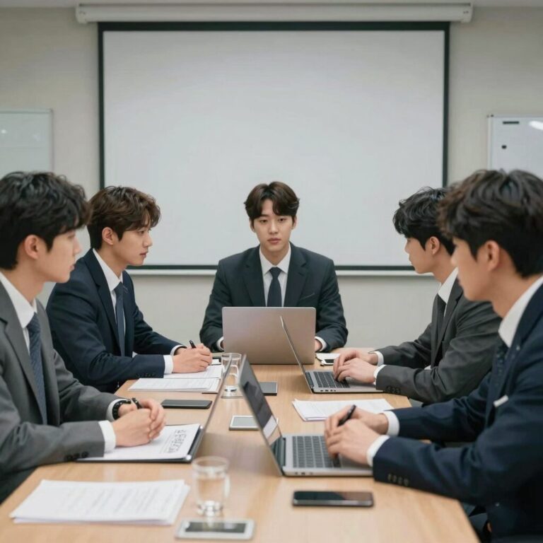 내일도 출근 웹툰에서 주인공들이 사무실에서 회의하는 모습