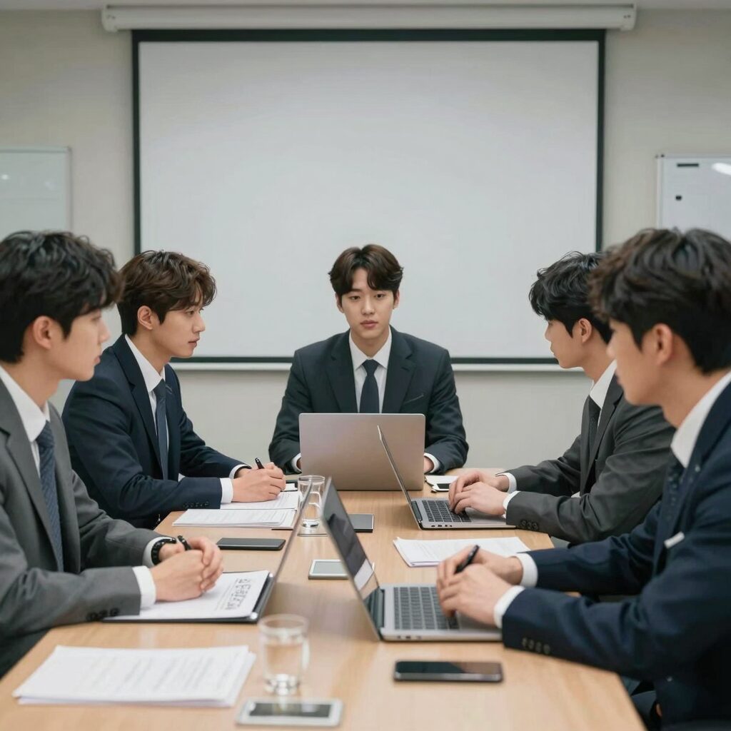내일도 출근 웹툰에서 주인공들이 사무실에서 회의하는 모습