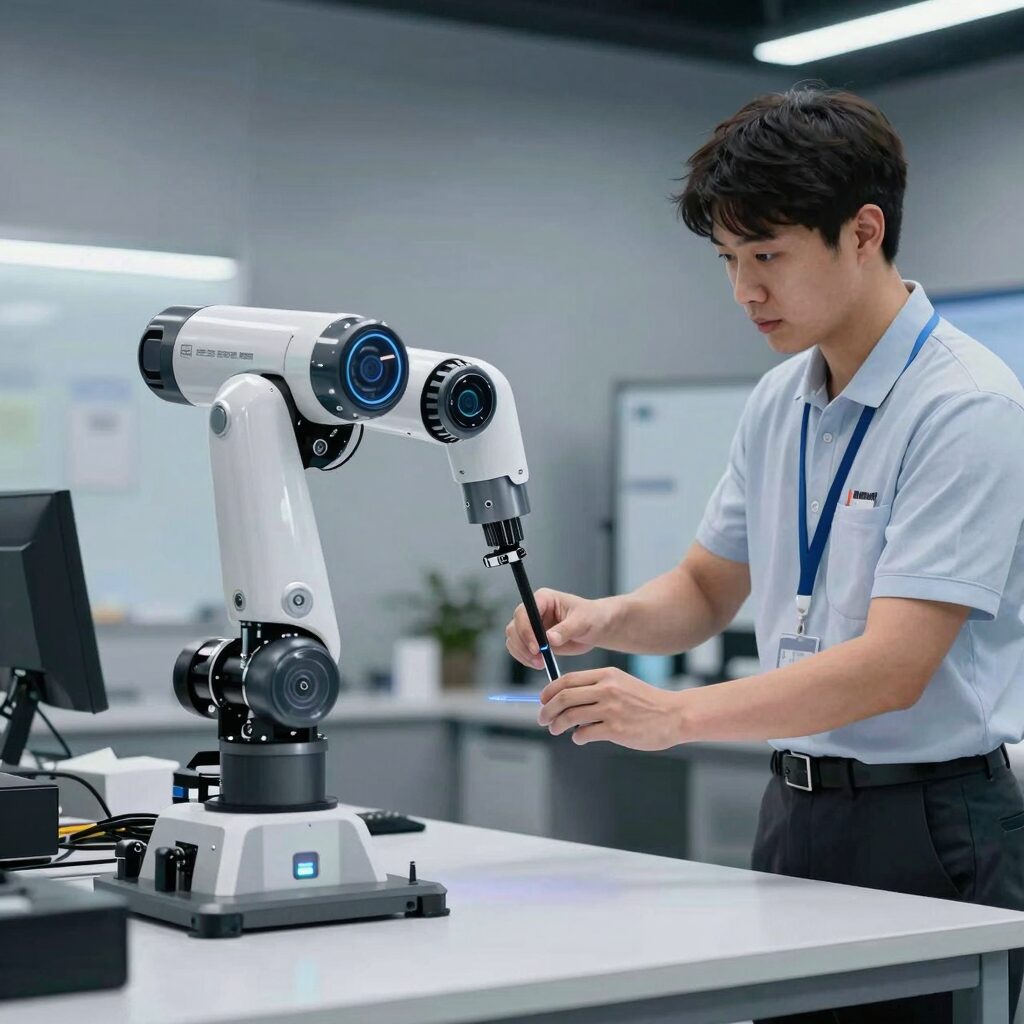 젠슨 황과 두산 로보틱스 협동 로봇의 협업 장면을 보여주는 이미지