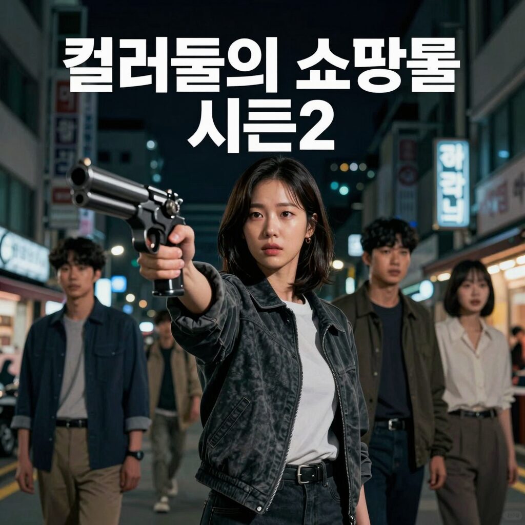 킬러들의 쇼핑몰 시즌2 포스터. 어두운 배경 속 정지안이 총을 겨누고 있다.