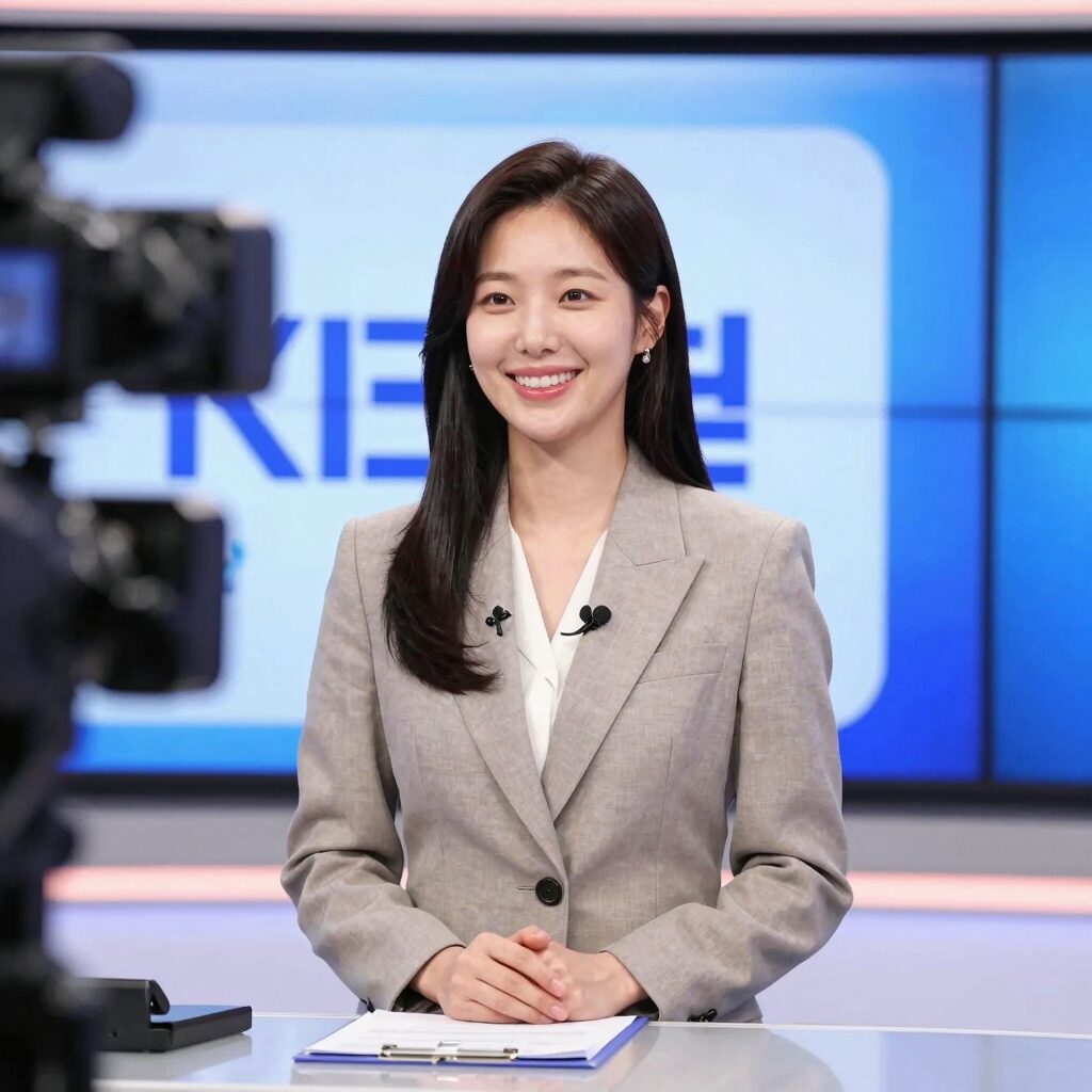 Kim Da Young announcer smiling while presenting on KBS news set