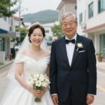 김인효 나미애 부부 황혼 로맨스 결혼 스토리 60대 트로트 가수 나미애와 70대 작곡가 김인효 부부의 결혼식 사진, 행복한 미소를 짓고 있다.