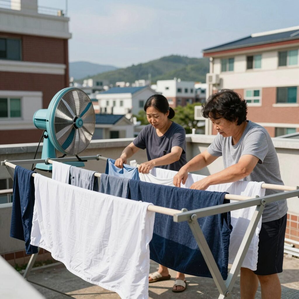 여름철 빨래 냄새를 없애기 위해 건조대에 널린 옷과 선풍기