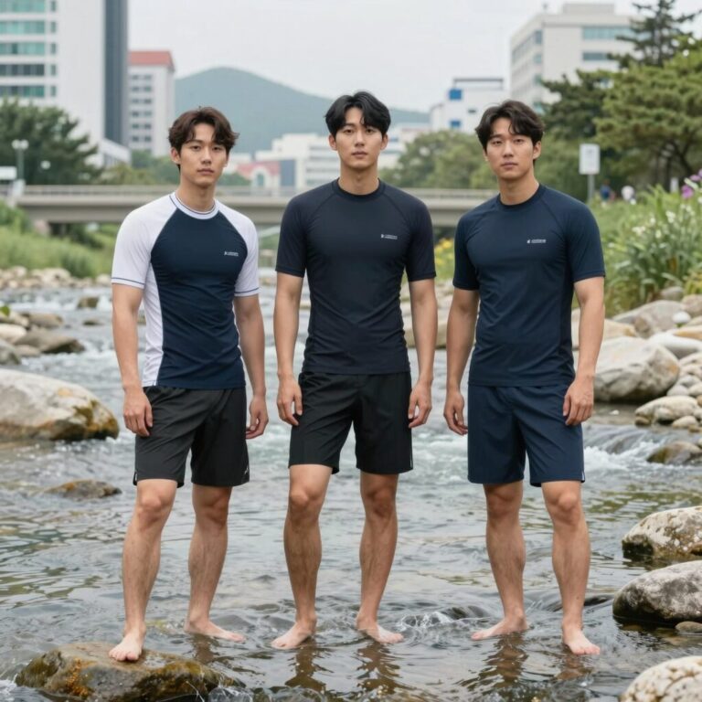 계곡 물놀이 패션 남성 래쉬가드와 보드숏 스타일