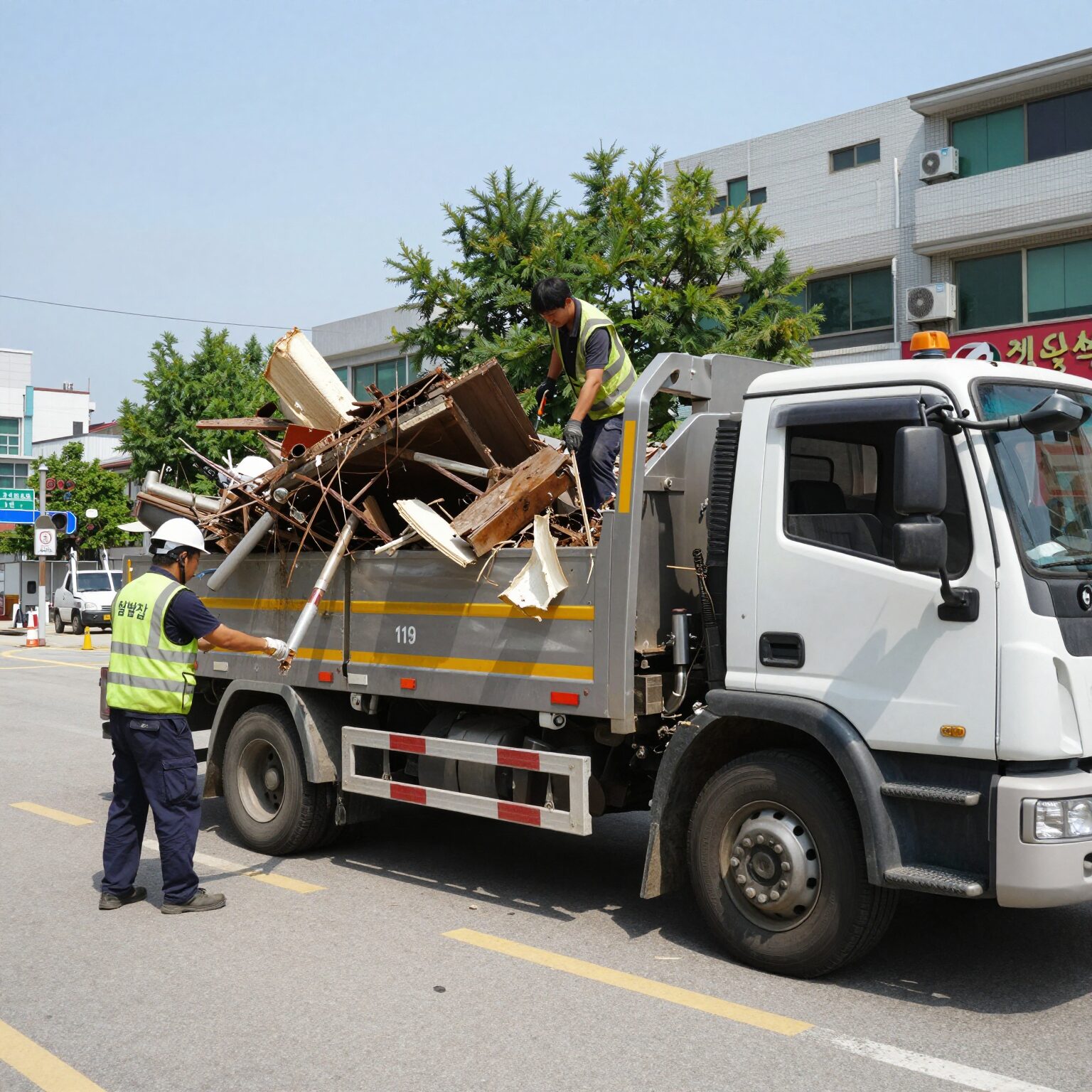 119 말벌집 제거 후 남은 잔여물과 전문 업체의 스카이 차량을 이용한 제거 과정 사례