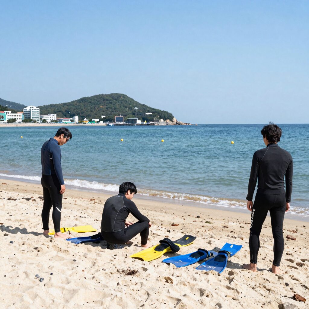 함덕해변에서 스노쿨링 장비를 대여한 후 서우봉 해변에서 즐기는 모습