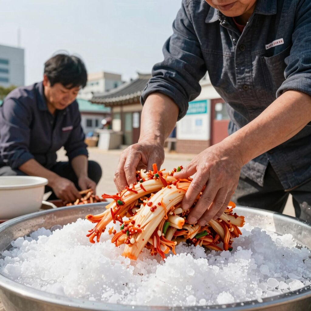 노각을 소금에 절인 후 물기를 짜는 사진. 아삭한 노각김치를 위한 핵심 단계