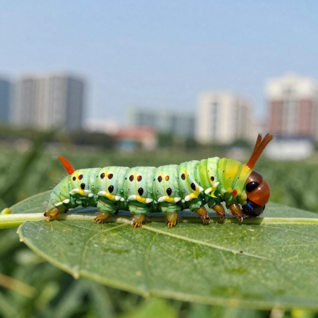 쐐기나방 애벌레가 나뭇잎 위에 붙어 있는 모습 독가시 선명함