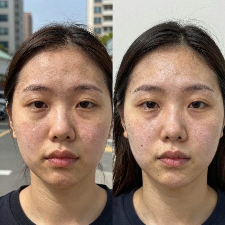 쥐젖 제거 연고를 얼굴에 바르는 모습과 사용 전후 피부 변화