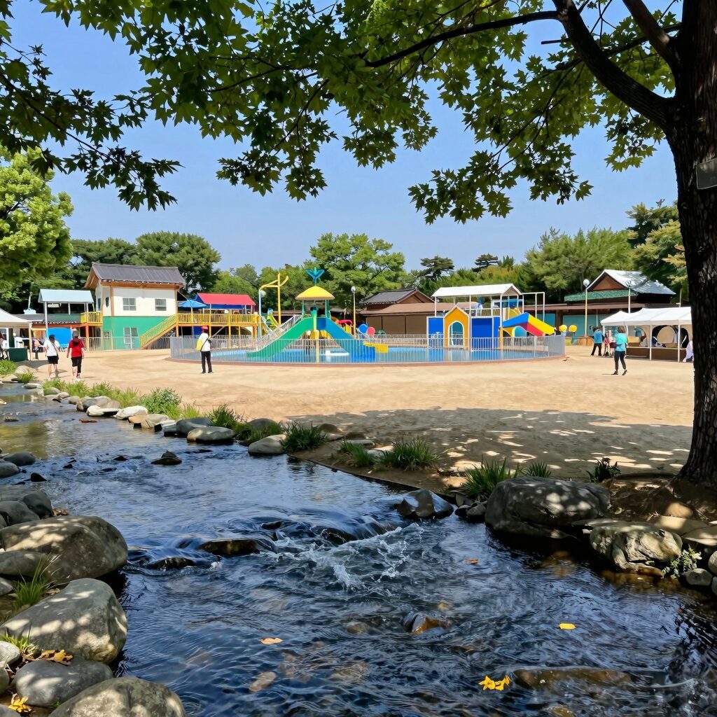 영암 기찬랜드 야외 물놀이장 전경 - 시원한 계곡물과 나무 그늘