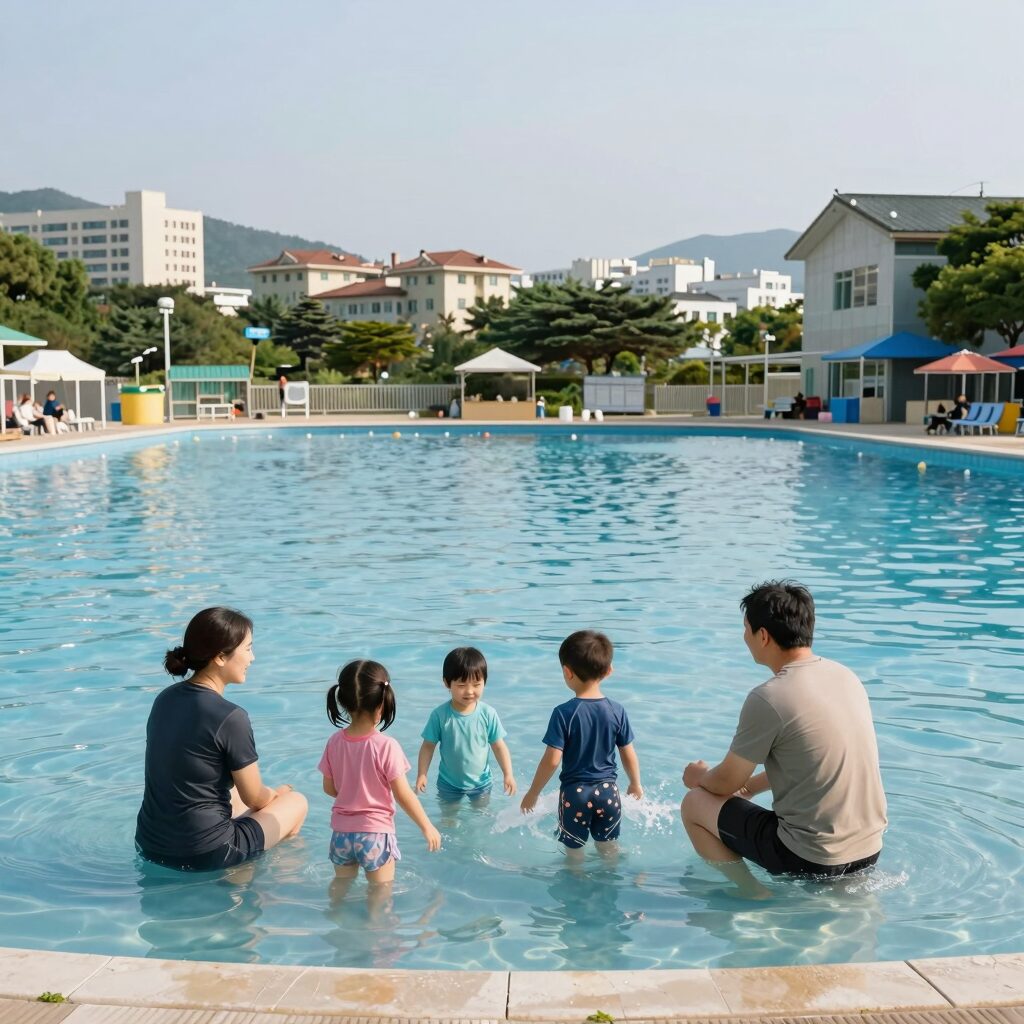 산청 서지농원 야외수영장에서 가족이 물놀이를 즐기는 모습