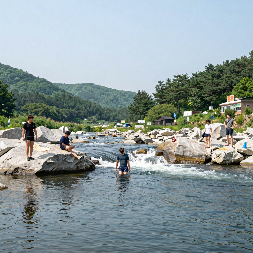 가평 용소폭포 계곡에서 다이빙을 즐기는 방문객들