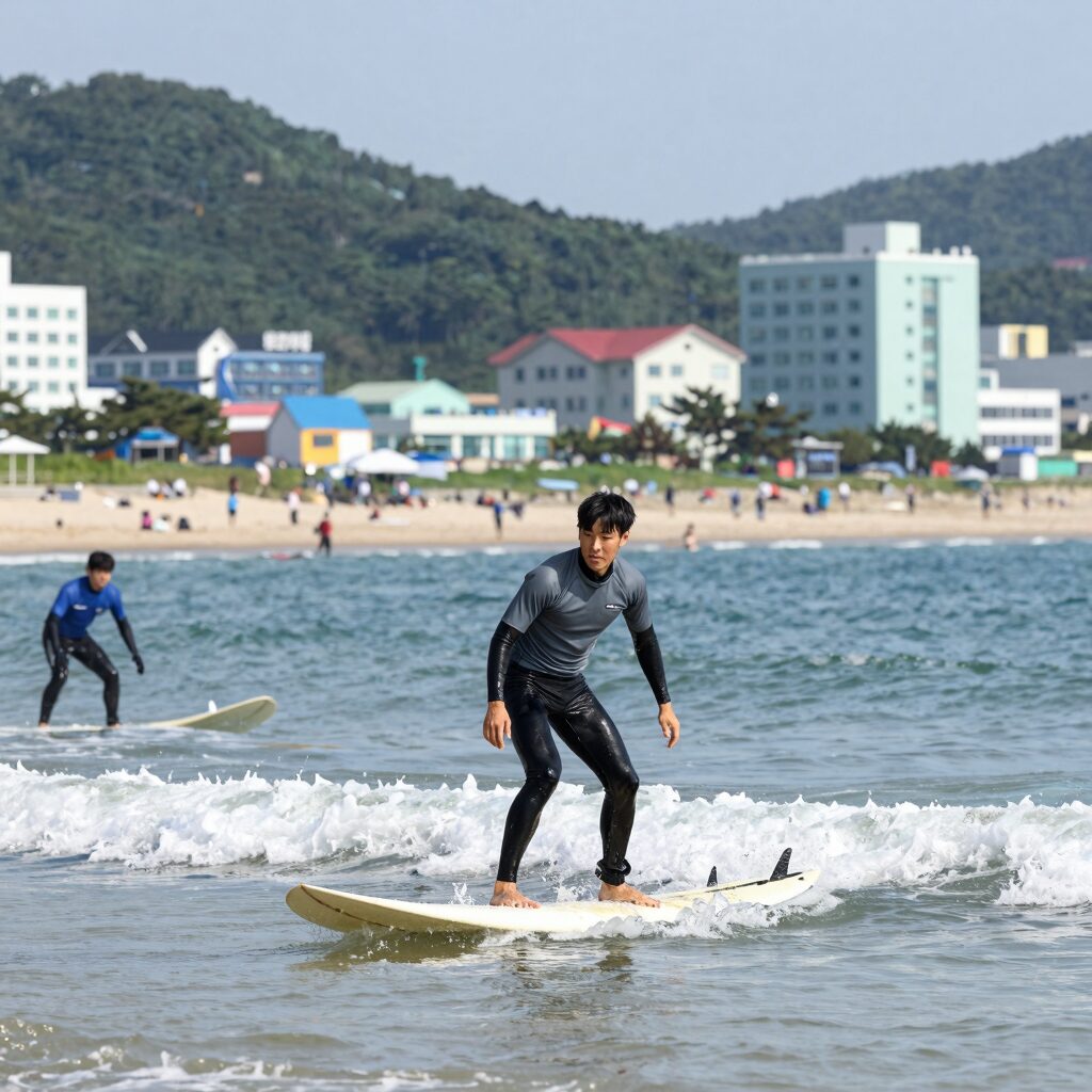 월정리 해변에서 서핑하는 사람의 모습
