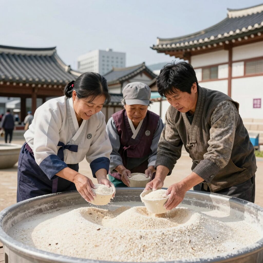 16배죽 만들기 과정 찬물에 쌀가루 풀고 끓이는 모습