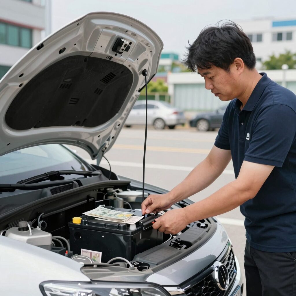 자동차 공회전 배터리 충전 상태와 에어컨 사용 시 부하를 설명하는 이미지