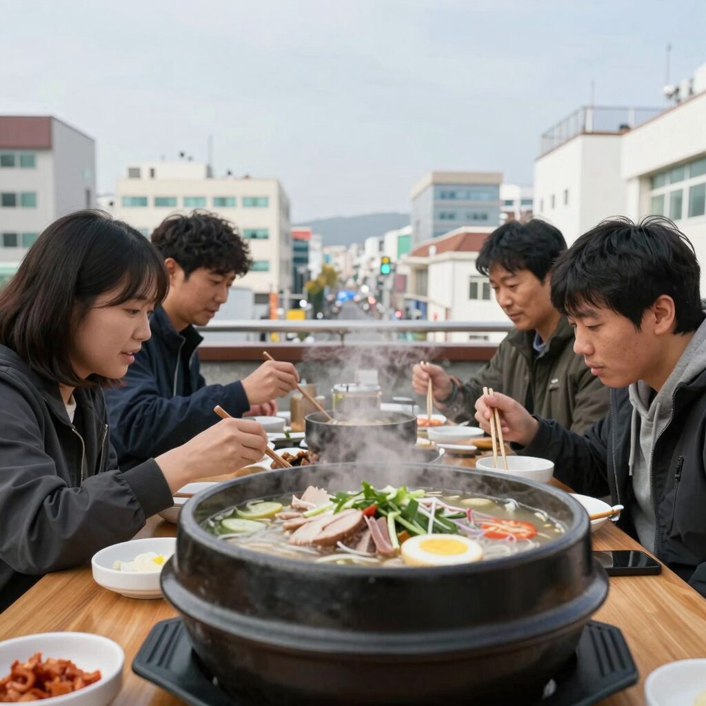시원한 동치미 막국수와 수육이 담긴 식탁