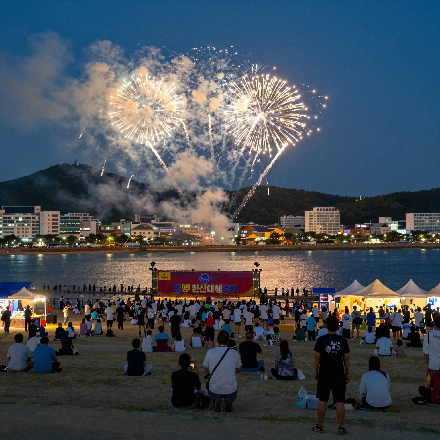 통영 한산대첩축제 야간 불꽃쇼와 함께하는 여름밤 풍경