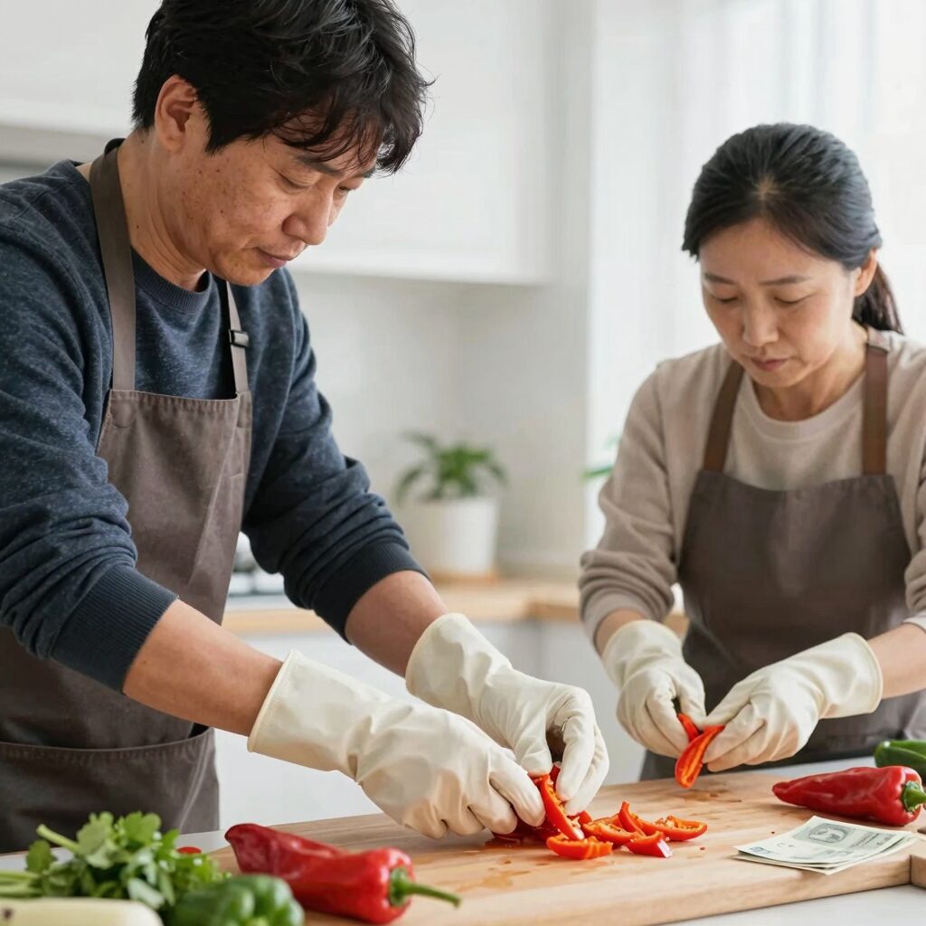 청양고추 손질할 때 반드시 장갑을 착용해야 손 매움을 예방할 수 있습니다