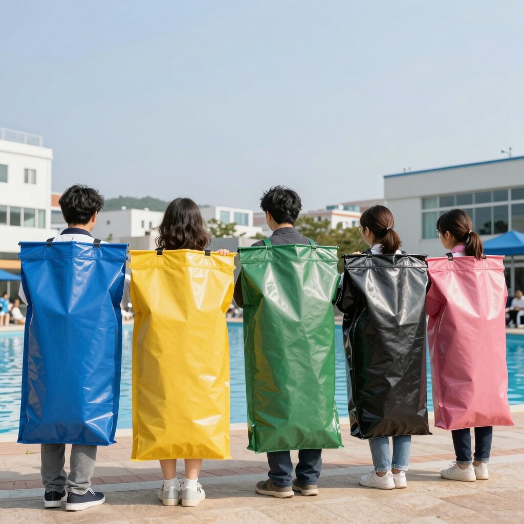 워터파크에서 방수팩 여러 종류를 비교하고 있는 모습