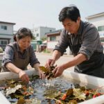 삭힌 깻잎을 데친 뒤 맑은 물이 나올 때까지 씻는 깻잎된장장아찌 준비 과정