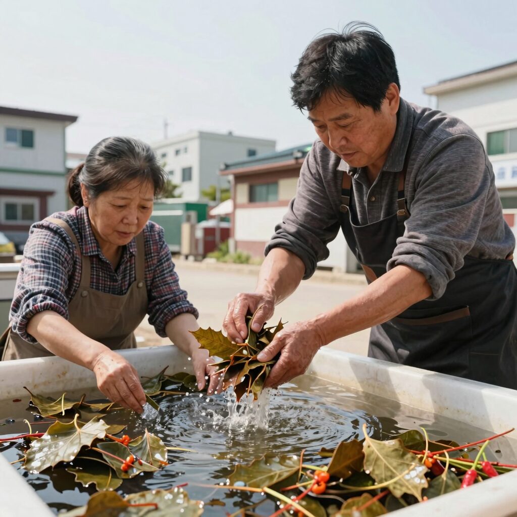 삭힌 깻잎을 데친 뒤 맑은 물이 나올 때까지 씻는 깻잎된장장아찌 준비 과정