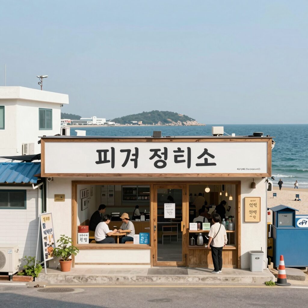 양양 피자정비소 외관과 남애3리해수욕장 풍경