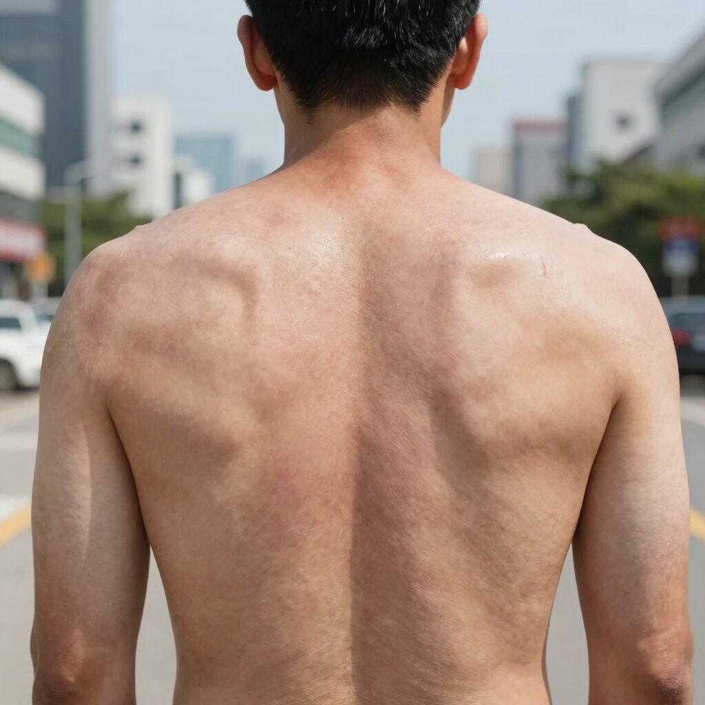 성인 땀띠 증상으로 붉고 거칠어진 피부를 시원한 환경과 보습으로 관리하는 모습