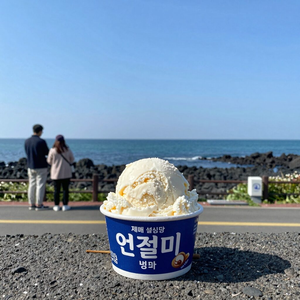 제주 설심당 본점 창가에서 본 바다와 인절미 빙수