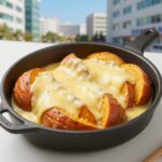 단호박 치즈찜 전자레인지 10분 완성 전자레인지로 완성한 단호박 치즈찜 위에 모짜렐라치즈가 녹아 있는 모습