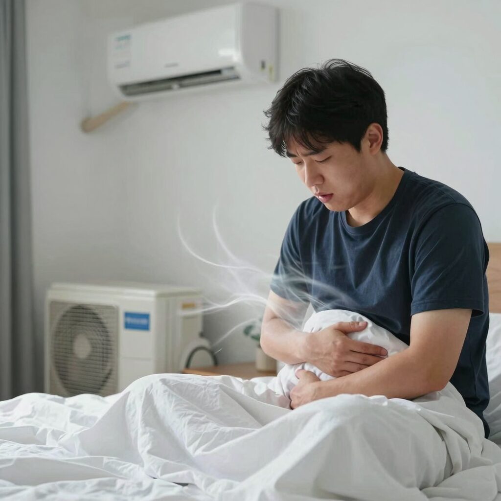 에어컨을 켜고 자는 사람의 복부에 찬바람이 닿아 배아픔이 발생하는 모습
