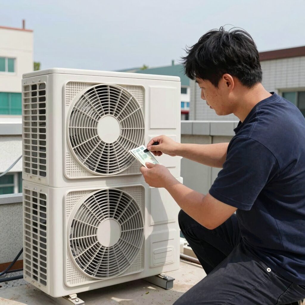 에어컨 실외기와 시스템 루버창 설치 모습
