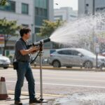 자동 물총이 물을 연속으로 분사하는 모습