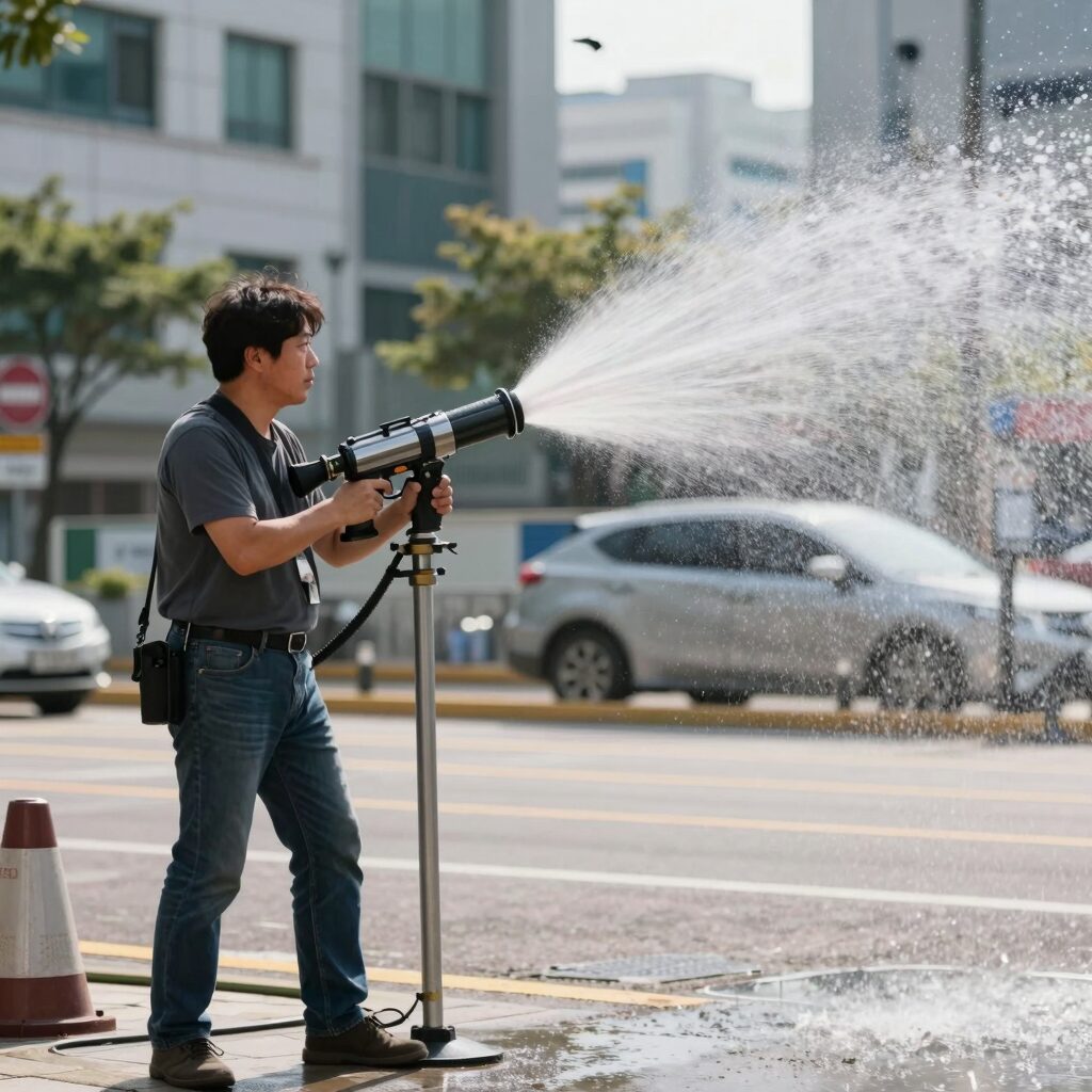 자동 물총이 물을 연속으로 분사하는 모습