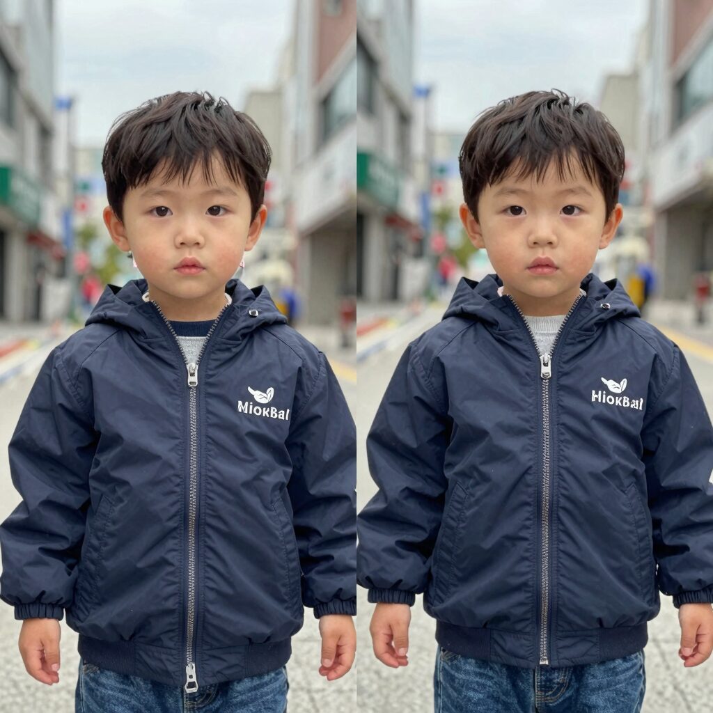 오맘과 나이비 두 브랜드의 유아암링 자켓을 비교한 사진