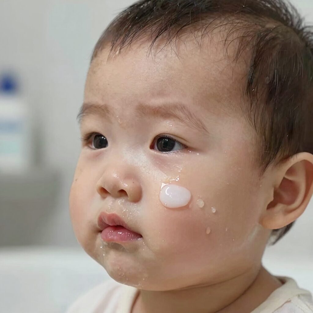 아기 얼굴에 순한 보습제를 바르는 모습으로 얼굴 땀띠 관리에 효과적인 제품 사용 장면