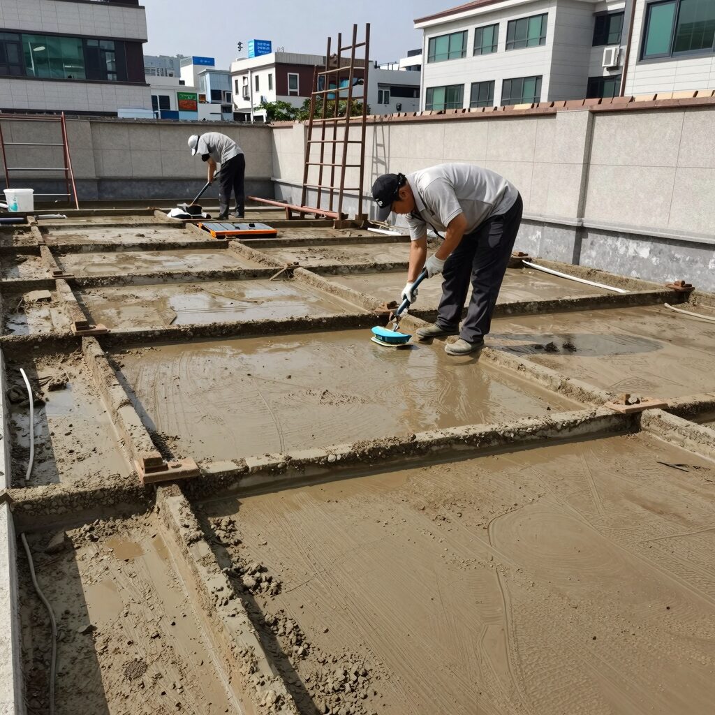 반지하 방바닥 습기 차단 공사 시 바닥연삭과 무기질방수 도포 과정