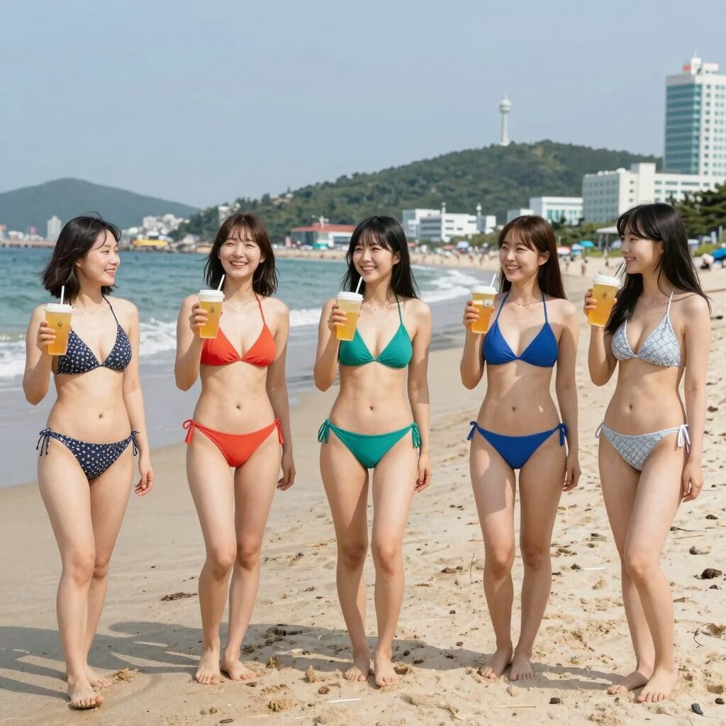 여성들이 해변에서 큰컵 비키니를 입고 즐거운 시간을 보내는 모습으로 안정적인 핏과 다양한 디자인을 강조