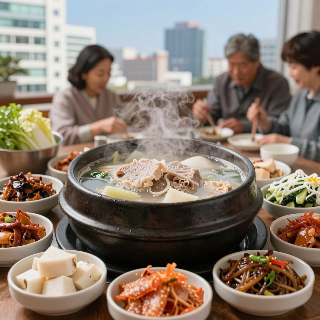 복날 음식 삼계탕이 담긴 냄비와 반찬