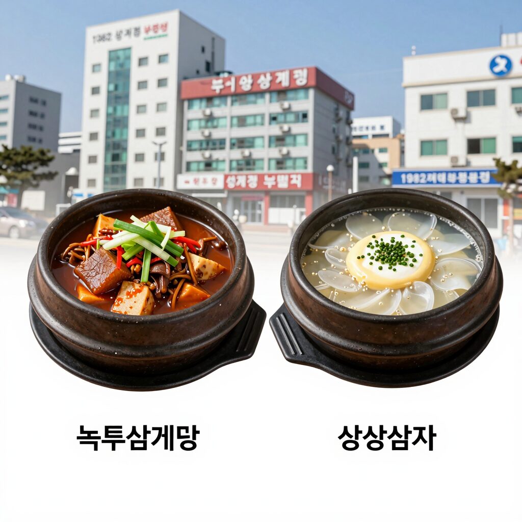 부평 녹두삼계탕과 1982삼계정 부평본점의 삼계탕 메뉴 비교 사진, 각각 녹두삼계탕과 상황삼계탕이 뚝배기에 담겨 있다.