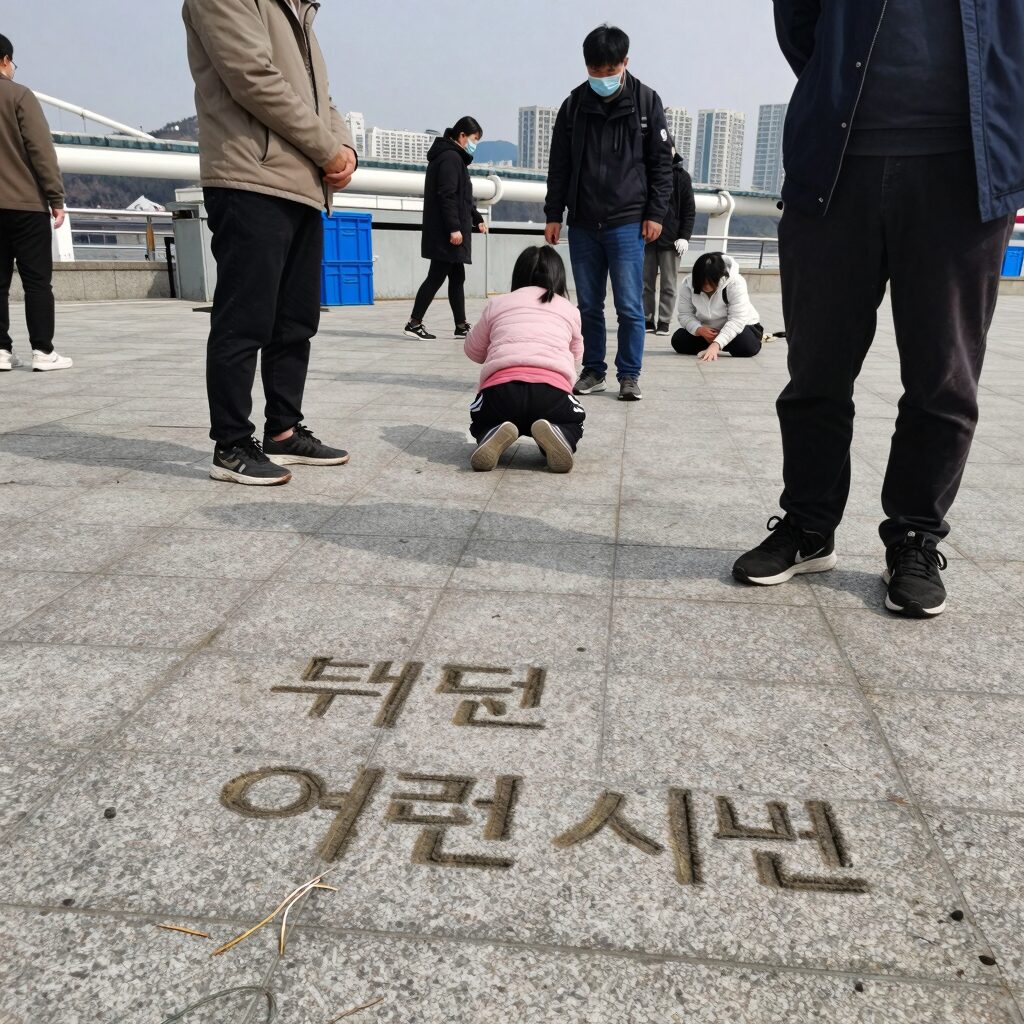 부산 용두산공원에서 발견된 어린이 시신 현장, 범인이 남긴 문구와 결박 흔적을 묘사한 이미지