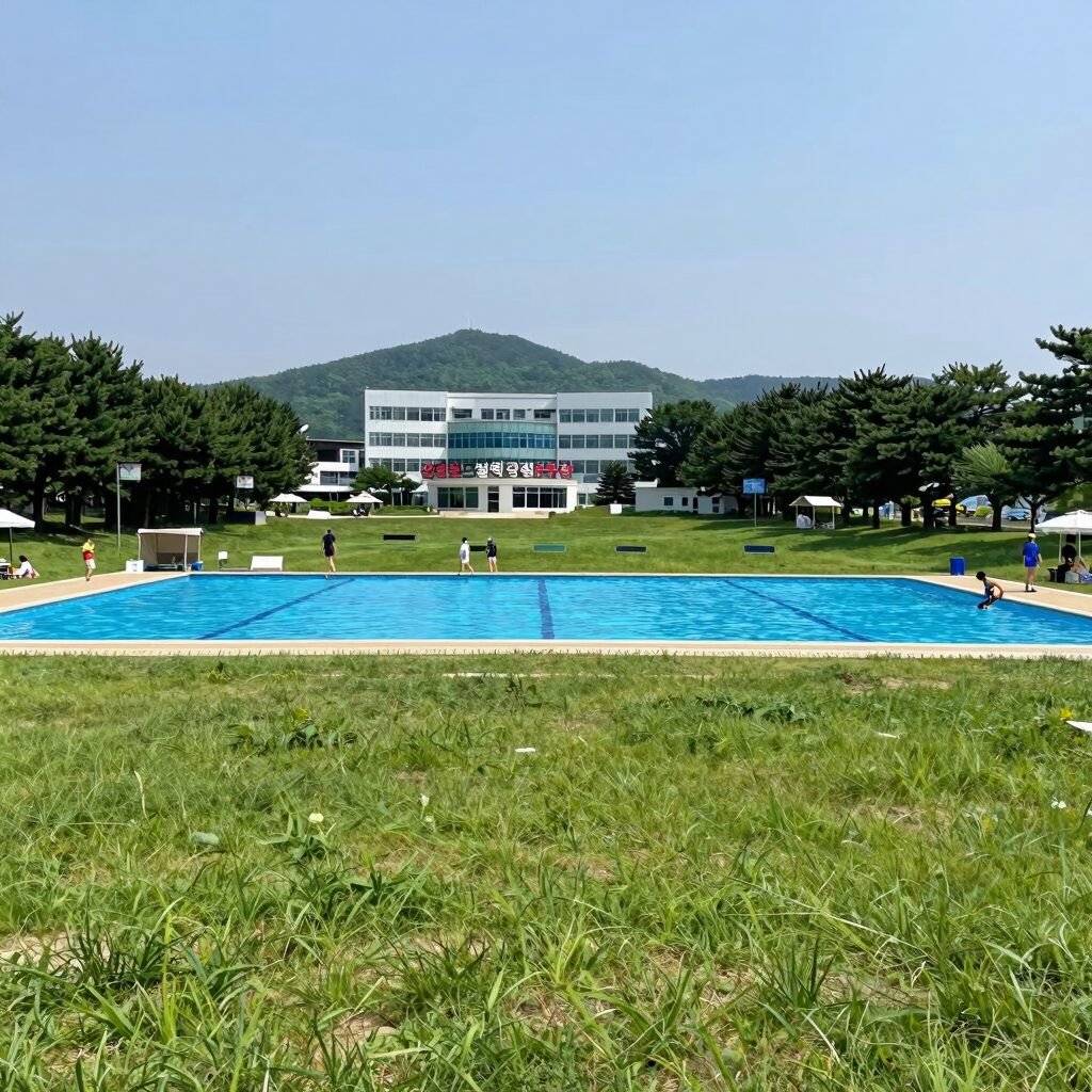 강원도힐링캠핑장 6구역 수영장과 잔디광장 전경