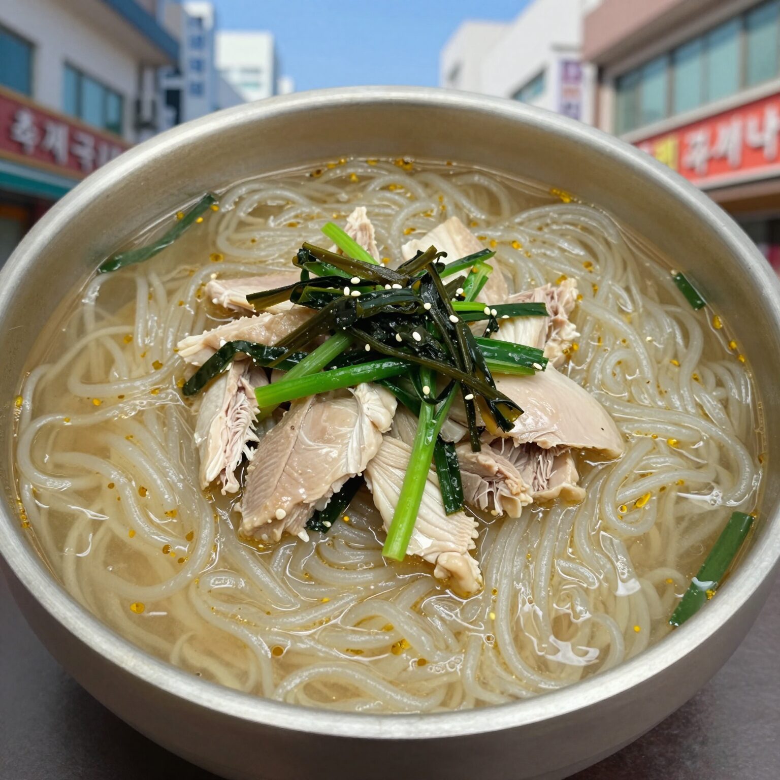 초계국수 레시피 완성 접시 위에 소면과 닭가슴살 야채 토핑