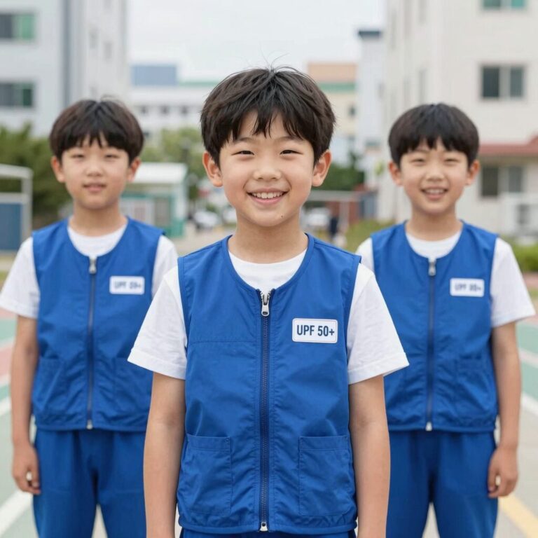 초등학생이 파란색 래쉬가드 집업을 입고 웃고 있는 모습, 지퍼가 잠겨 있고 UPF 50+ 라벨이 보인다