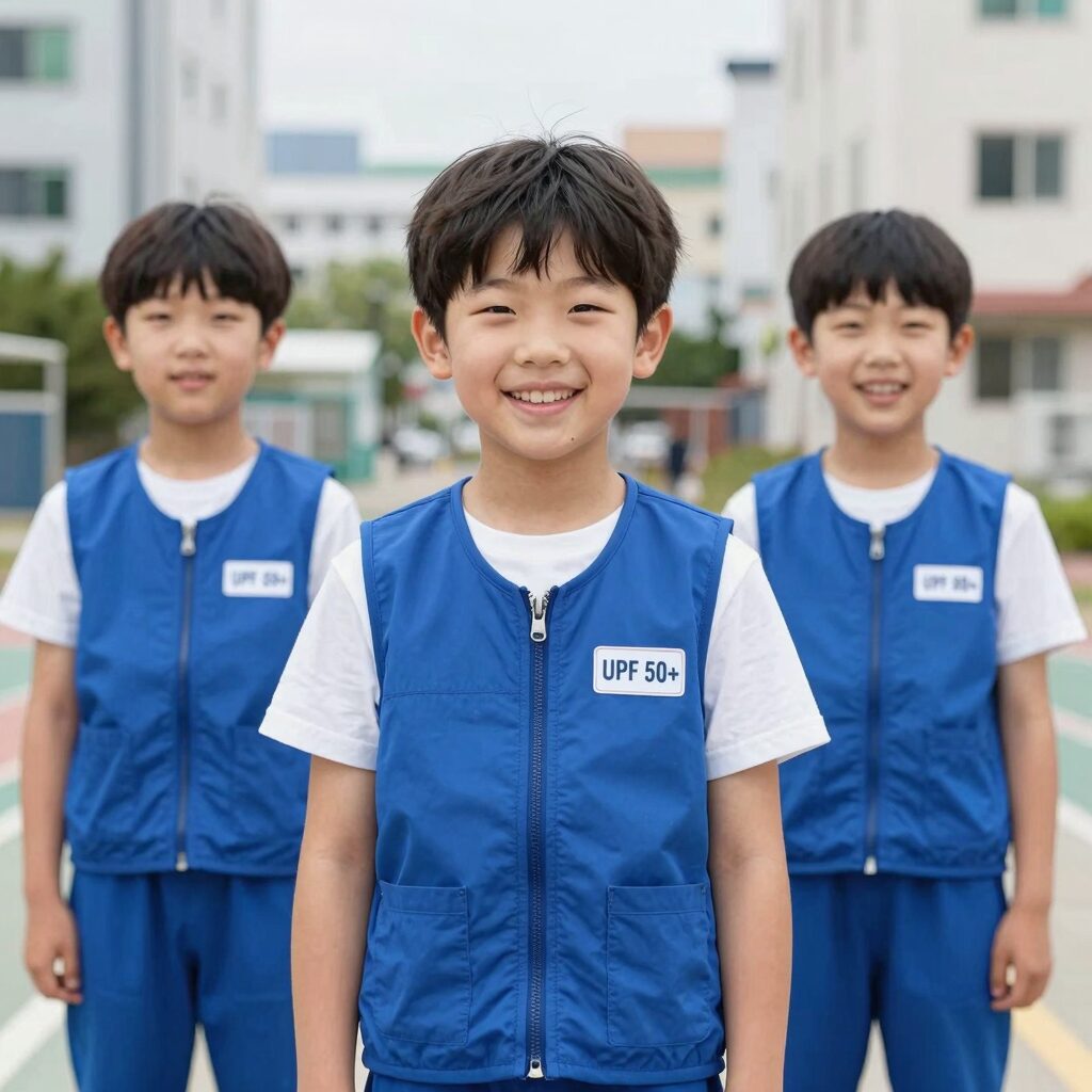 초등학생이 파란색 래쉬가드 집업을 입고 웃고 있는 모습, 지퍼가 잠겨 있고 UPF 50+ 라벨이 보인다