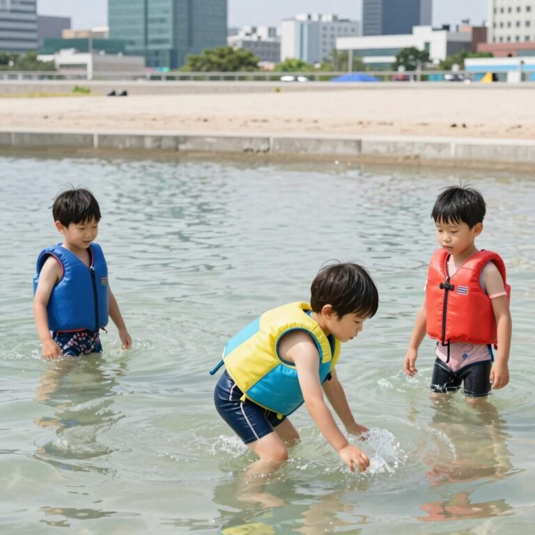 어린이 물놀이 용품 아쿠아슈즈와 구명조끼를 착용한 아이가 물놀이를 즐기는 모습